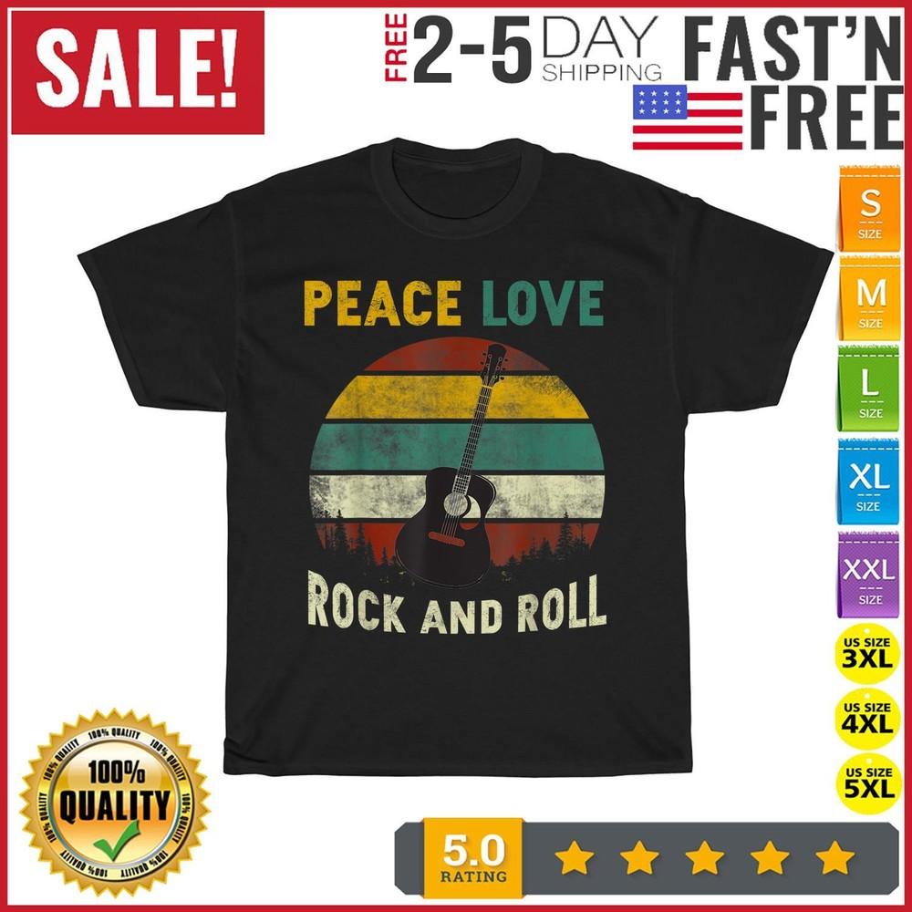 Peace Love Rock And Roll Guitar Retro Vintage T Shirt Men Women Fashion NEW 2023