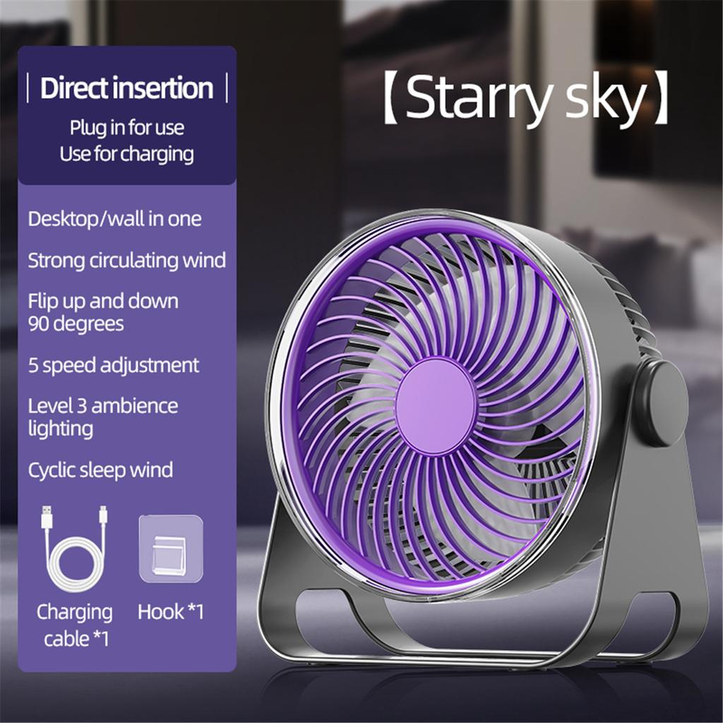 Desk Fan Desktop Fan Portable USB-Charged Wall-Mounted Fan Quiet Turbo Desk Fan 5-Speed Airflow Settings 3 Ambient Light Modes 90° Adjustable
