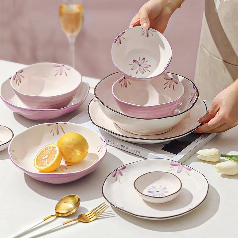 Romantyczne Fioletowe Ceramiczne Talerze Lekki Luksus Restauracja Talerz na Owoce i Sałatkę Domowa Kuchnia Talerz do Pasty Wykwintne Miseczki do Ryżu