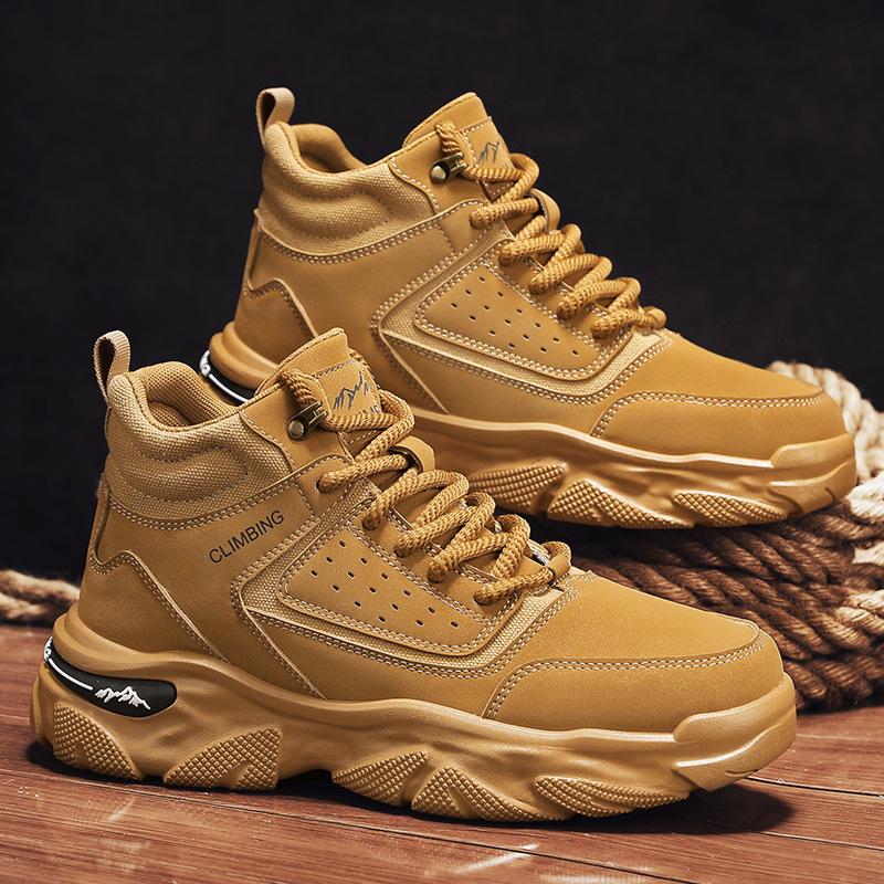 Rhubarb boots men's autumn and winter new fashion Martin boots leather surface breathable heightening men's shoes outdoor non-slip high-top tooling