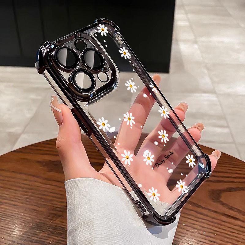 Cute Smile Daisy Flower Print Clear Case for Samsung Galaxy S25 FE S26 Edge S24 S22 S23 S21 Plus Note 20 Ultra Plating TPU Cover
