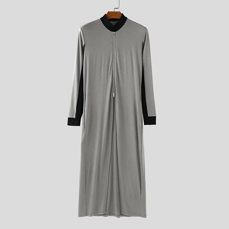 INCERUN Men Stitching Stand Neck Long Sleeve Zip-up High Splits Long Cardigan Coats