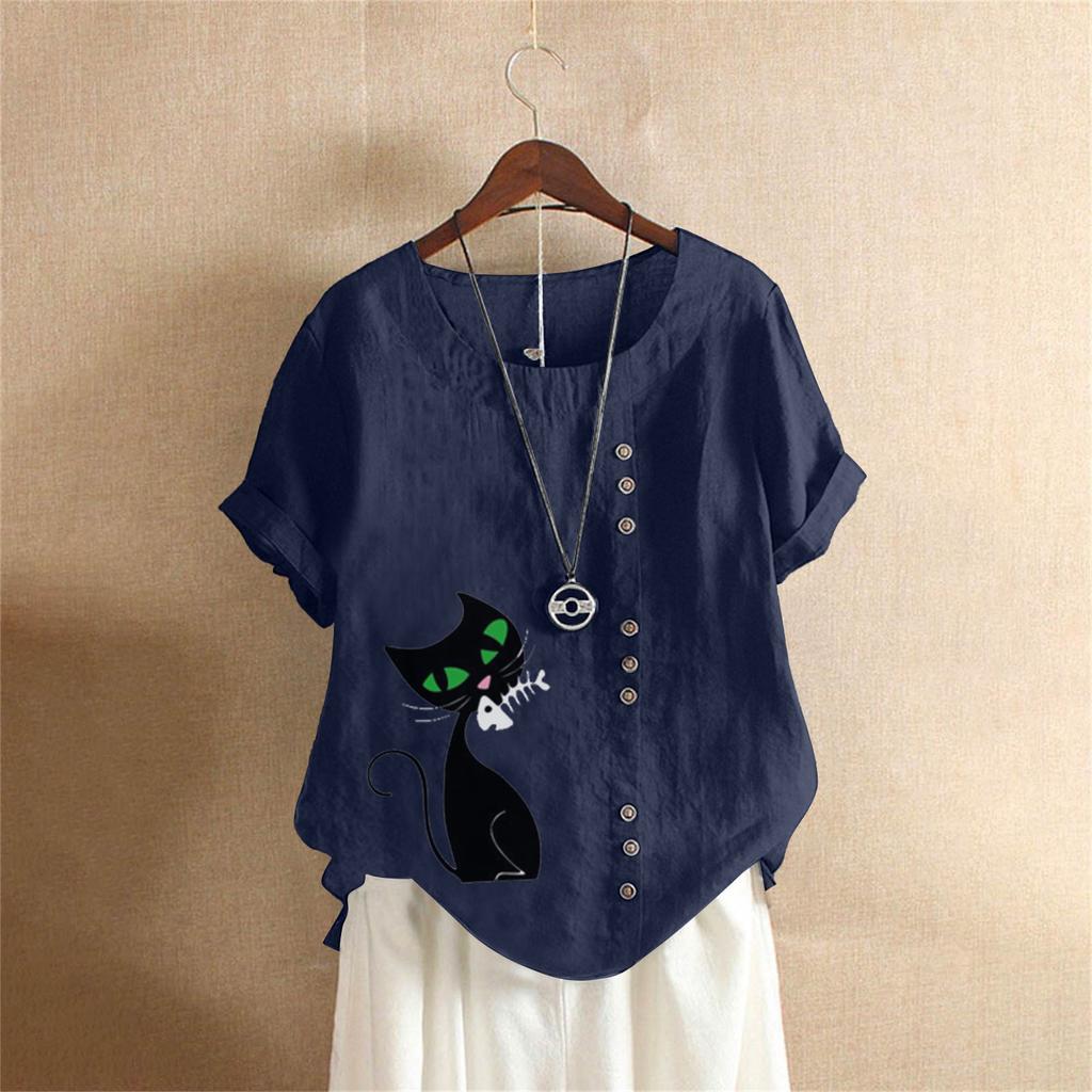 Summer Oversized Cotton and Linen Short-sleeved T-shirt, Cotton and Linen Cat Printed Oversized Women's Clothing