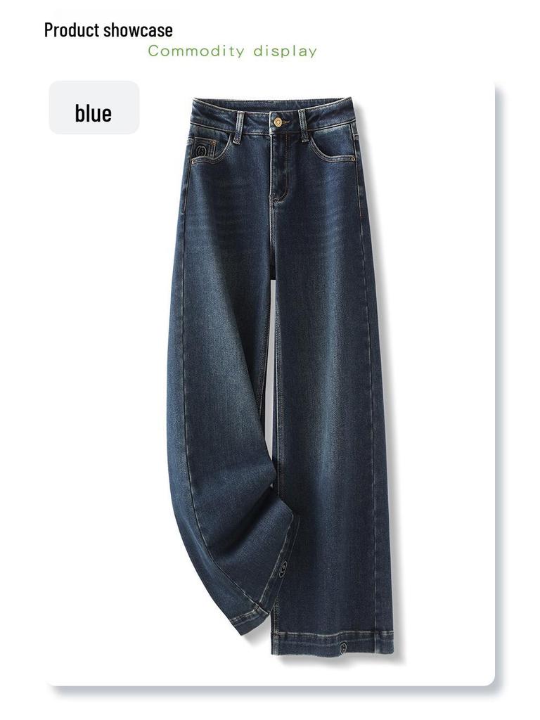 Dark Blue Retro Loose Fit Women's Wide-Leg Jeans - Autumn/Winter 2024, Floor-Length Narrow Straight Leg, Slimming Design.
