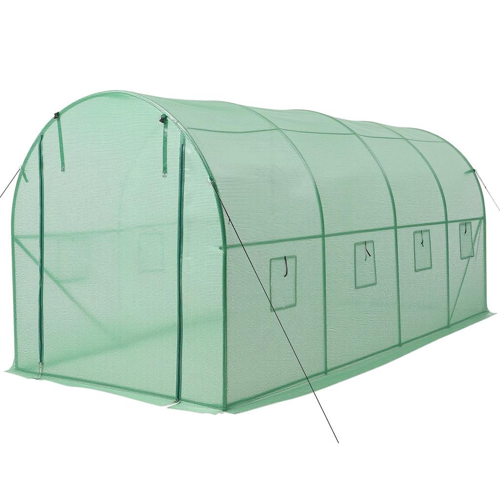 Walk-in Tunnel Greenhouse, 4.48x1.97x1.97 M Hoop House Greenhouse Tunnel with Watering System, Plant Hot House with Steel Frame, PE Cover, Roll-Up