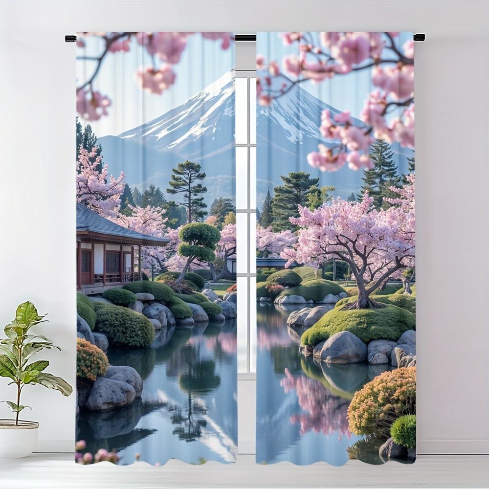 2PCS Sakura Fuji Scenic Sheer Curtains Cherry Blossom Rod Pocket for Living Room Bedroom Office Kitchen Holiday Home