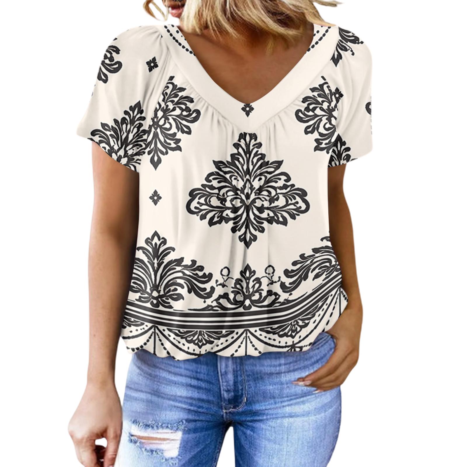 

Women s Casual V-neck Pleated Retro Print Short-sleeved Top XL білий