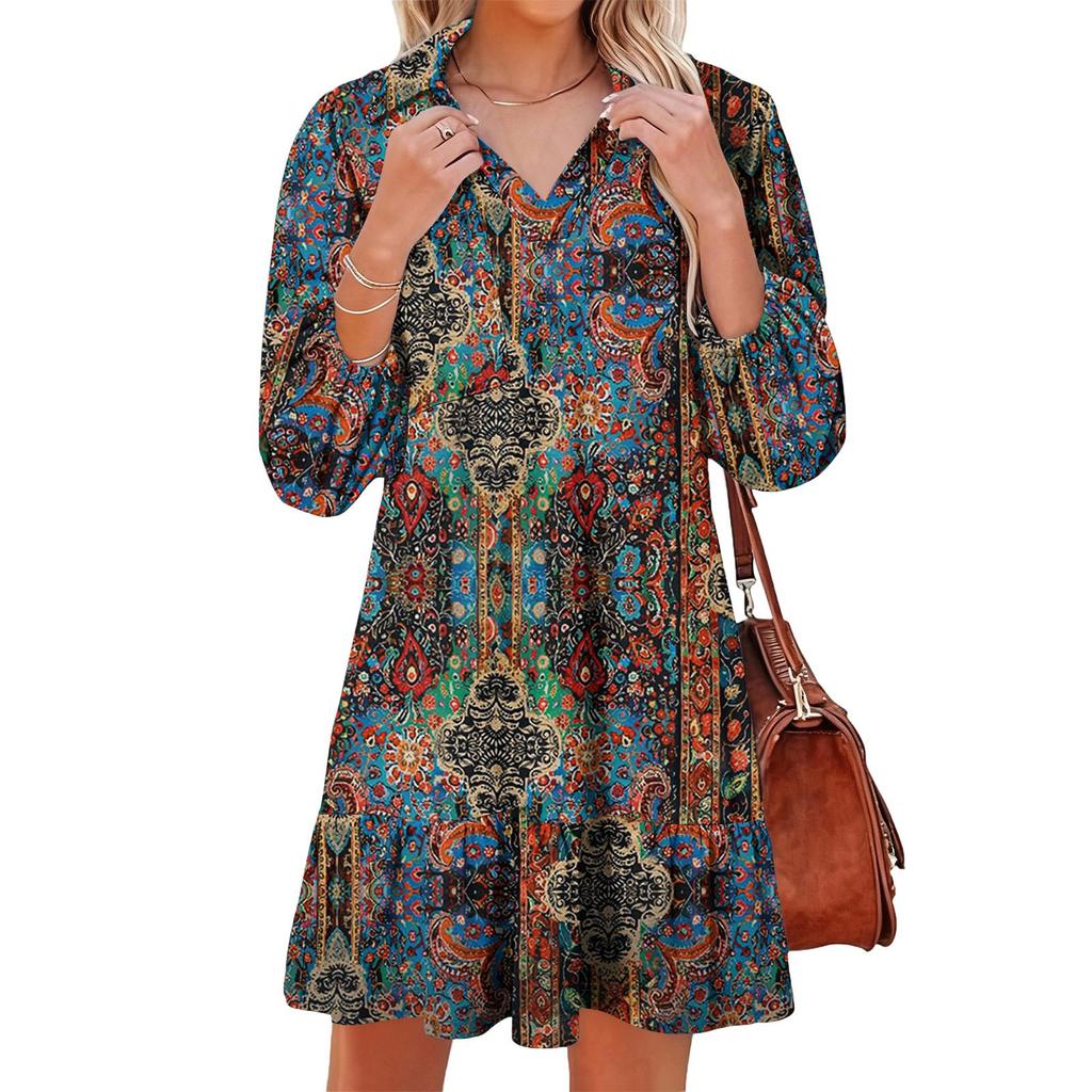 Women's Fashion Elegant Autmn And Winter Long Sleeve V,Neck Christmas Print Dress