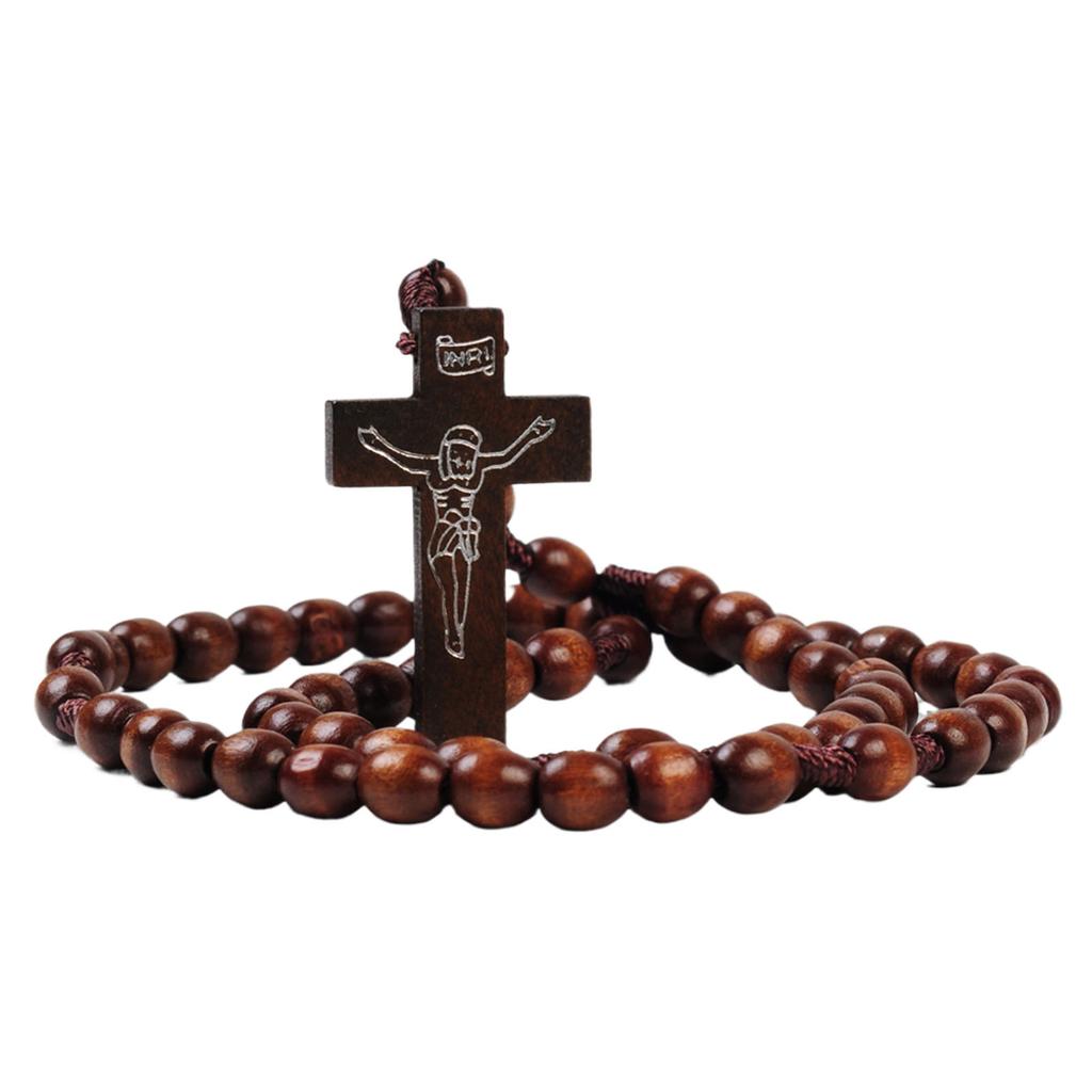 Natural Wood Rosary Necklace Featuring Smooth Sturdy Beads and Intricately Crosses Portable for Christian Adults