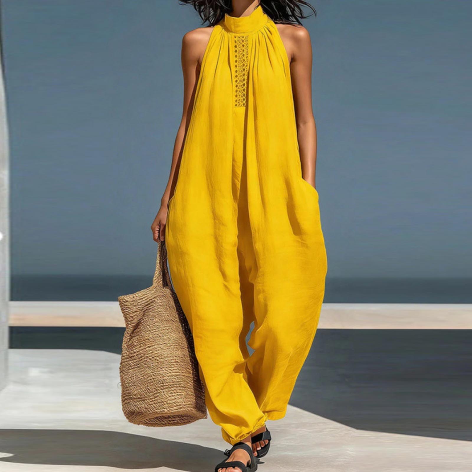 

Short Rompers For Women Deep V Neck Sleeveless Jumpsuit Loose Fit Work Overalls Dressy Casual Summer Jumpsuits XL жовтий