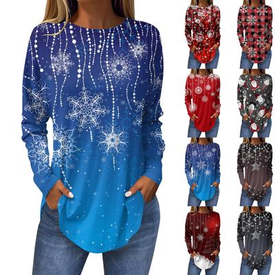 T-Shirts für Damen, Herbst, lässig, langärmelig, Sweatshirt mit Retro-Druck, Weihnachtsfeier, Top, Pullover