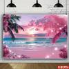 2D Dreamy Pink Sunset Beach Backdrop with Palm Trees & Sparkles