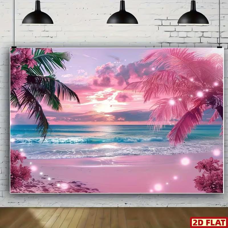 2D Dreamy Pink Sunset Beach Backdrop with Palm Trees & Sparkles