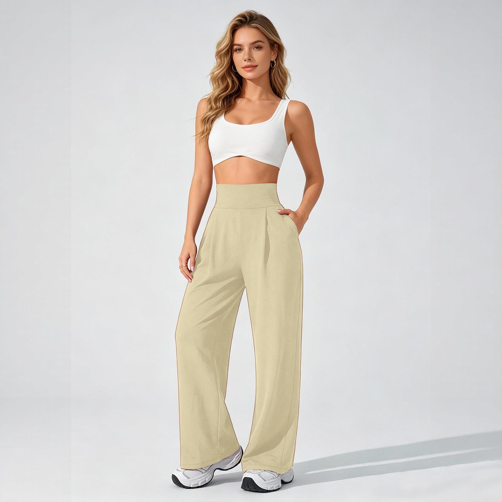 

High Waist Wide Leg Yoga Pants for Women Loose Fit Elastic Waistband Relaxed Lounge Workout Trousers with Pockets M бежевый