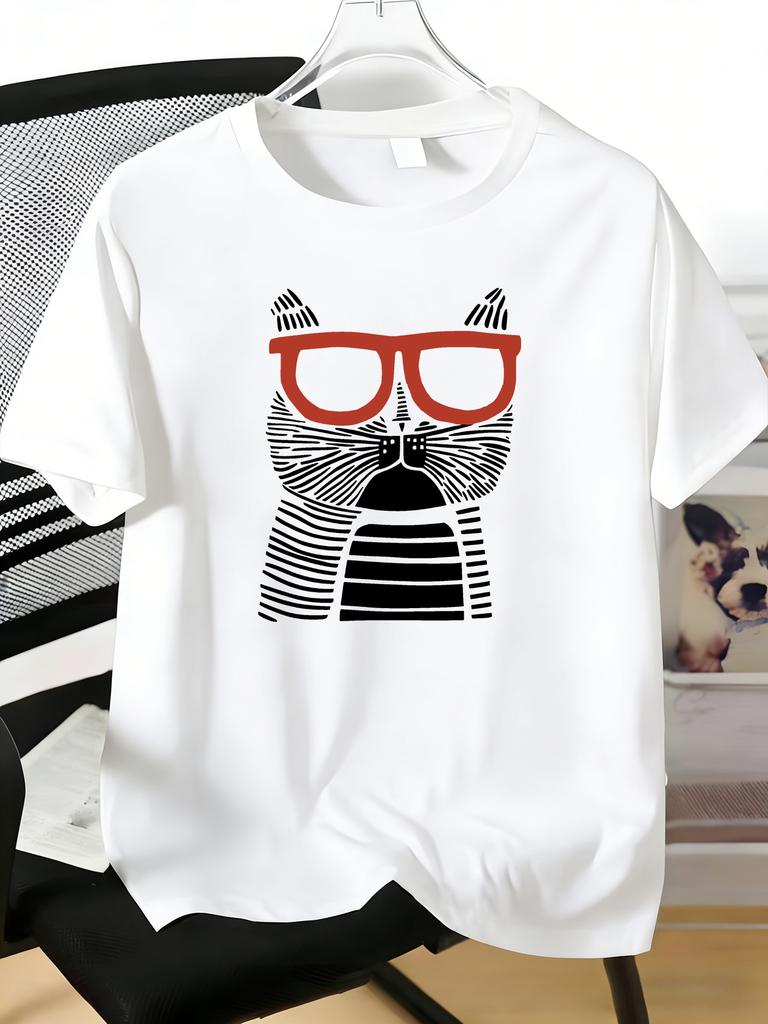 Mens Tee Striped Cat Wearing Red Retro Glasses Print Cotton Short Sleeve Male Casual Streetwear