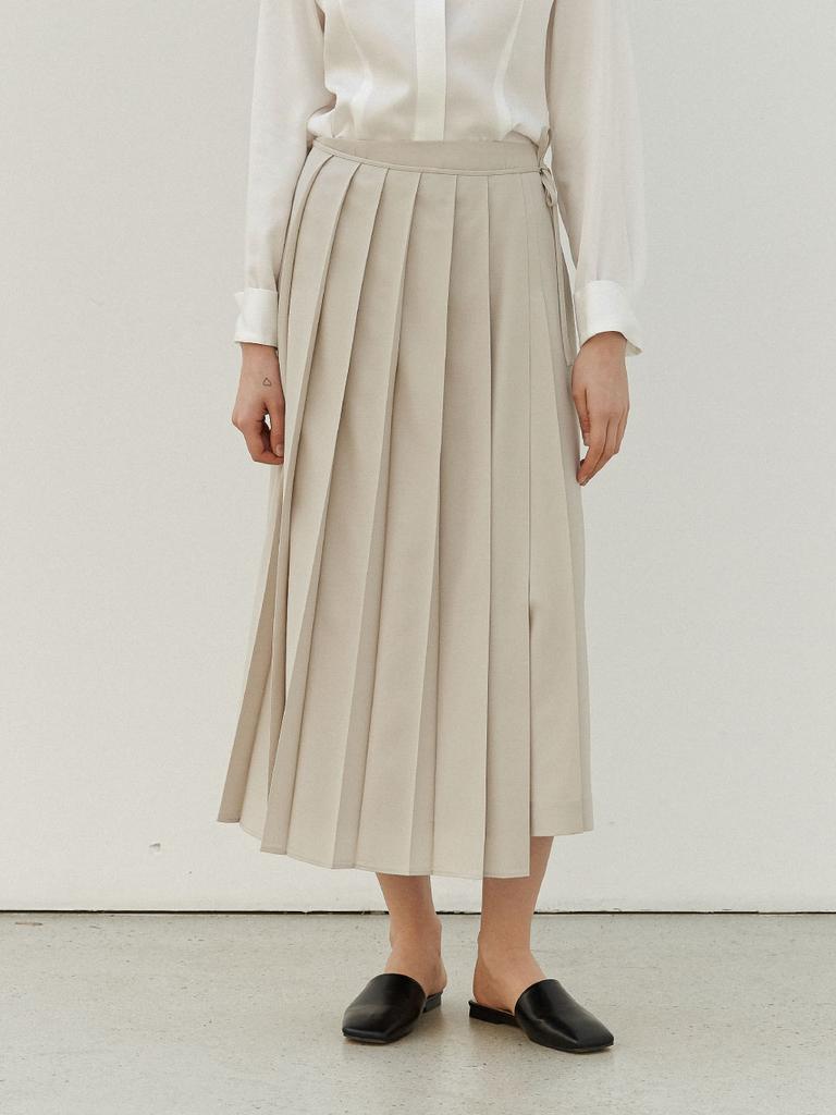 Peulloumeon Pleated Wrap Wool Skirt_Sand Beige