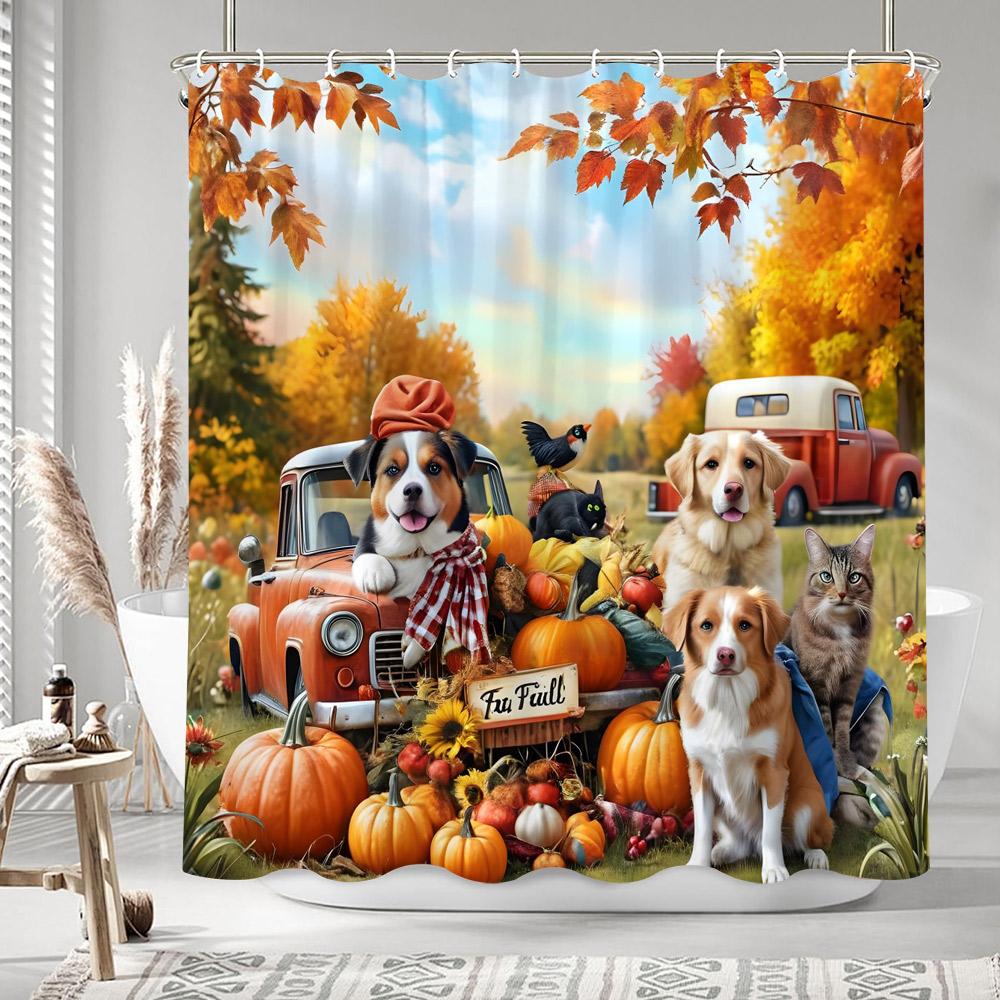 Autumn Leaves Pumpkin Shower Curtain Rustic Farm Truck Animals Thanksgiving Polyester Fabric Shower Curtains Bathroom Decoration