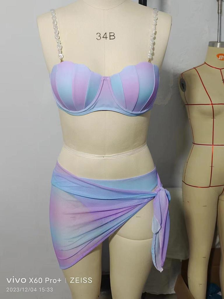 2024 Trendy European & American Shell Hard Cup Sexy Three-Piece Beach Swimsuit