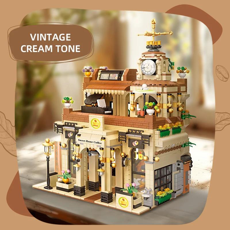 2987PCS Coffee Shop Building Blocks European Style Vintage Cafe  Model Bricks Set With Light Desktop Ornaments Kids DIY Toy Gift