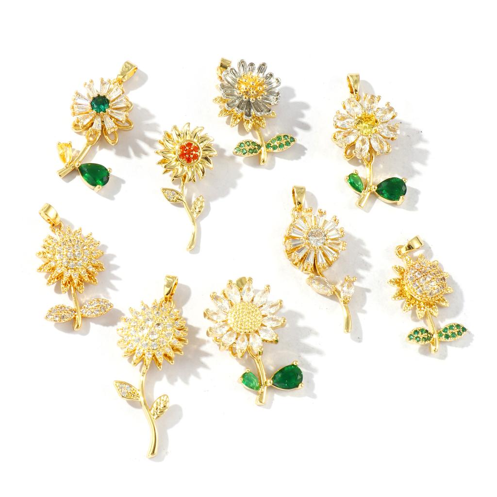 1 Piece Brass & Rhinestone Charms 18K Gold Plated Flower Rotatable Sunflower Daisy Pendants For DIY Necklace Jewelry Making