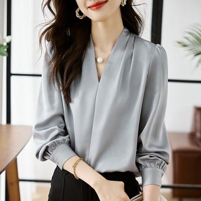 Chemises décontractées minimalistes à manches longues pour femmes, style printemps et automne, col en V, chemisiers en mousseline de soie, élégants, pour le bureau, 26072
