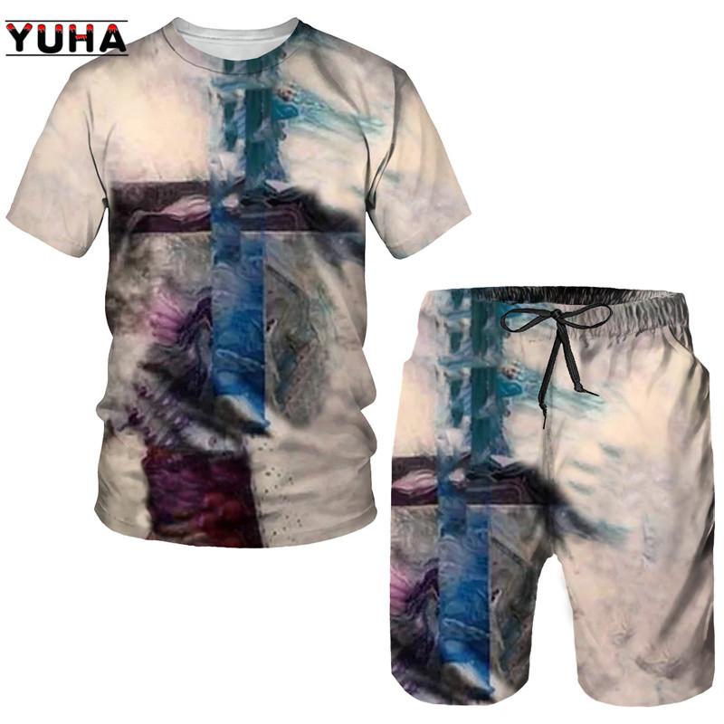 Summer Men's 3D Lion Cross Printed Men's T-shirt/Shorts/Suit Short Sleeve Jesus Love Everone Christian Street Wear 2 Pcs
