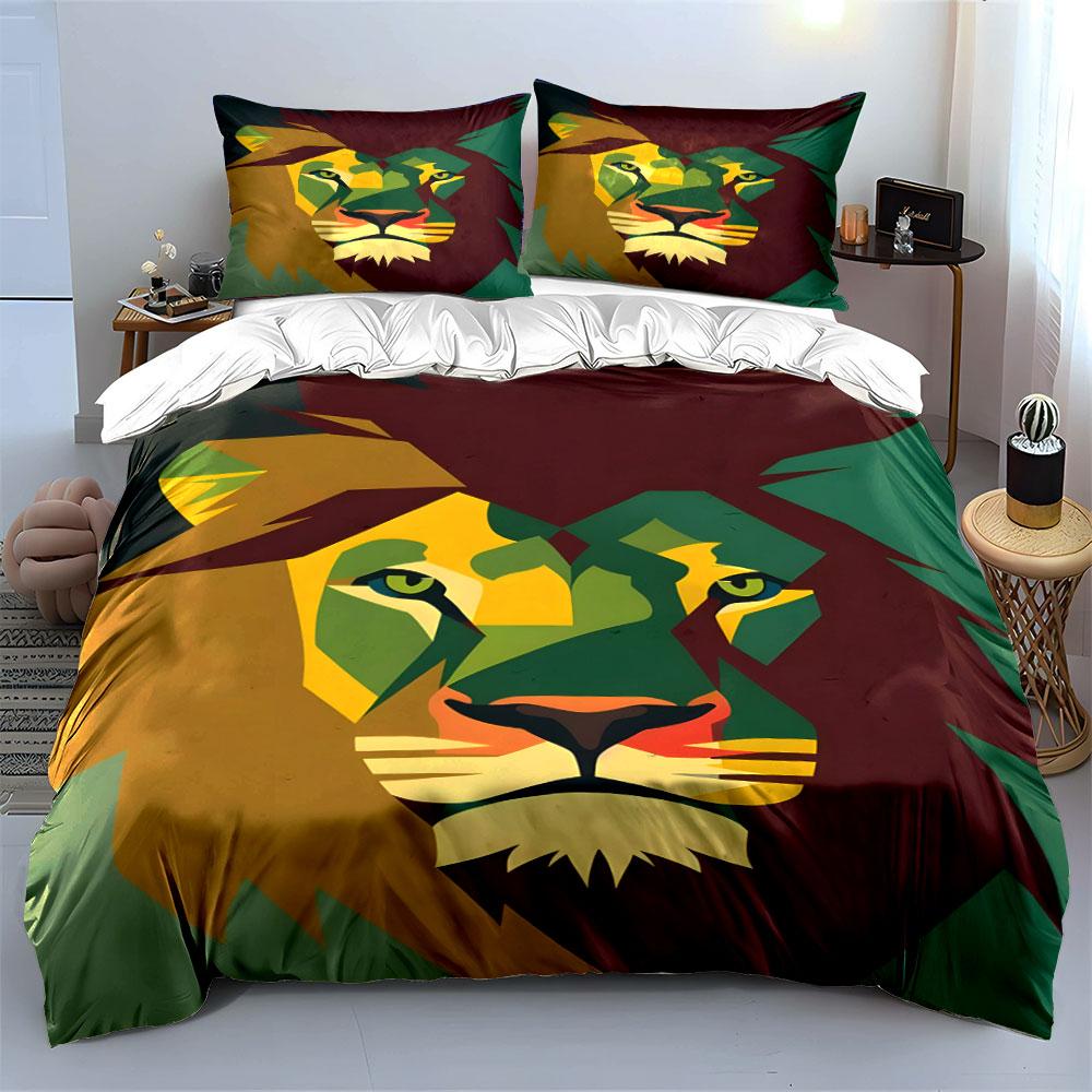 Geometric multicolor lion head. Bedding sets Duvet cover sets Duvet covers Pillowcases(1*Duvet Cover 2*Pillowcases without duvet insert)