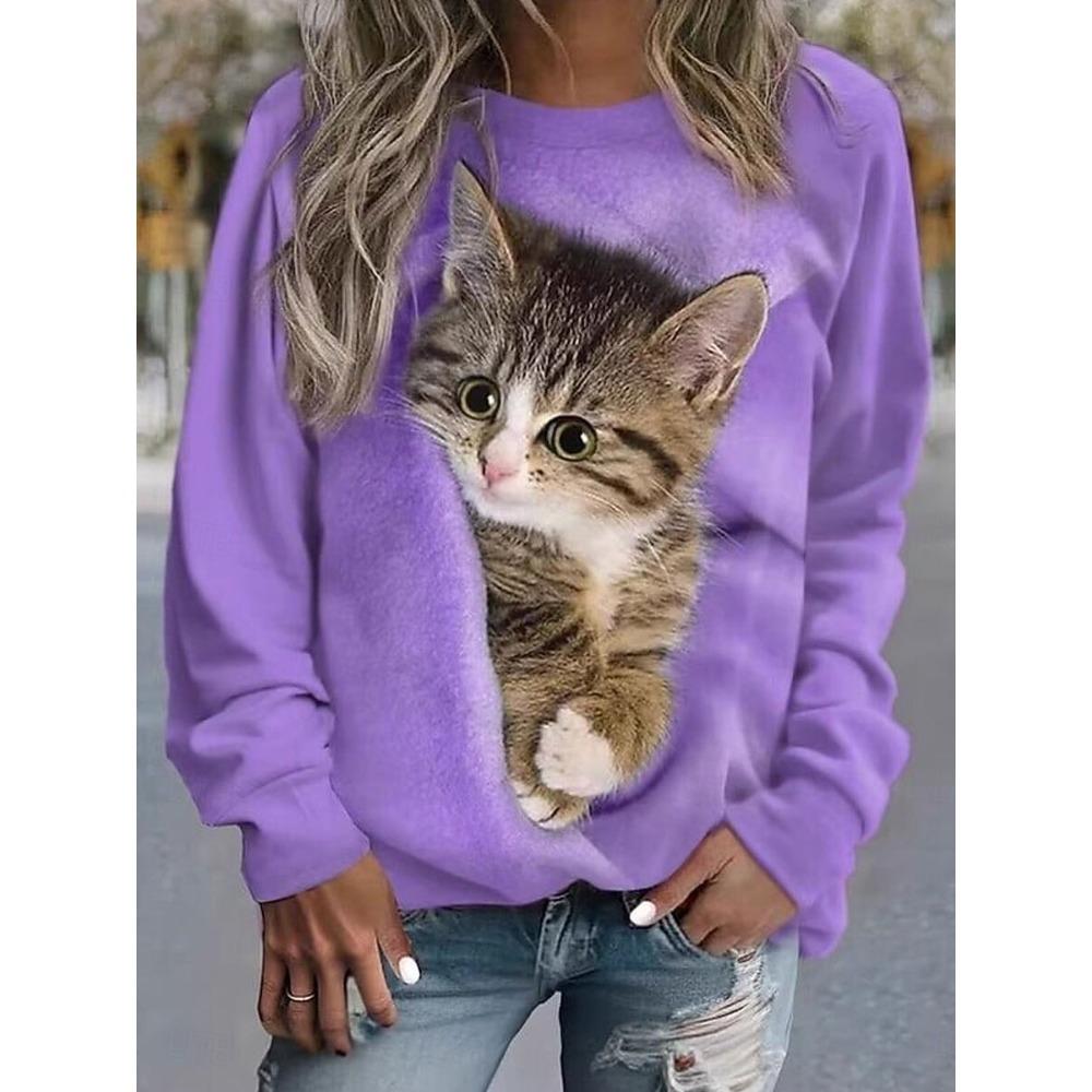 Fashionable Women's Cute Cat Pattern Sports Shirt 3D Printed Round Neck Long Sleeved Top Women's Clothing Street Wear Autumn Pullover