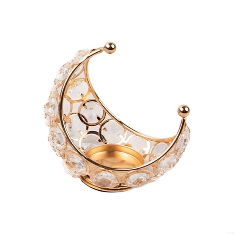 62KD Sparkling Holder with Crystal Adorned Practical Moon Candlesticks Metal Stand Pair for Dining Table