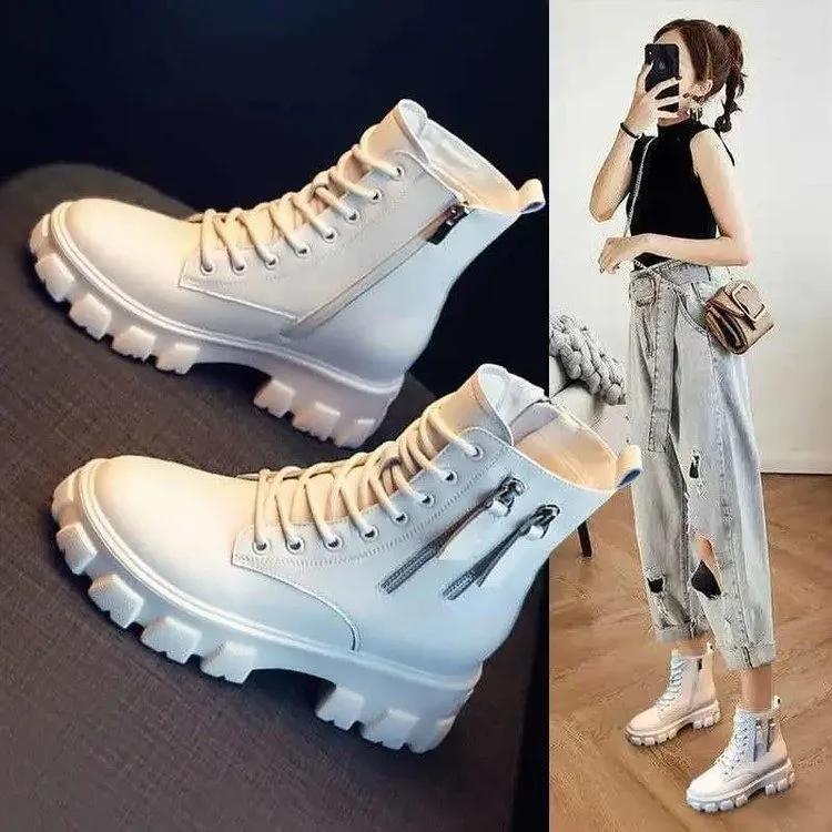 Pu Artificial Leather Platform Ankle Boots Women Lace-Up Zipper Thicked Plush Snow Boots Woman Winter Non-Slip Warm Cotton Shoes