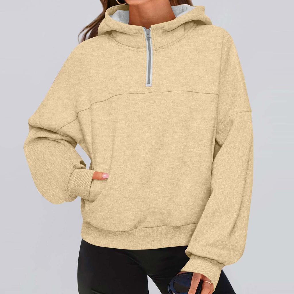 Women's Fashionable Solid Color Hooded Long Sleeved Sports Casual Pullover Sweatshirt Top