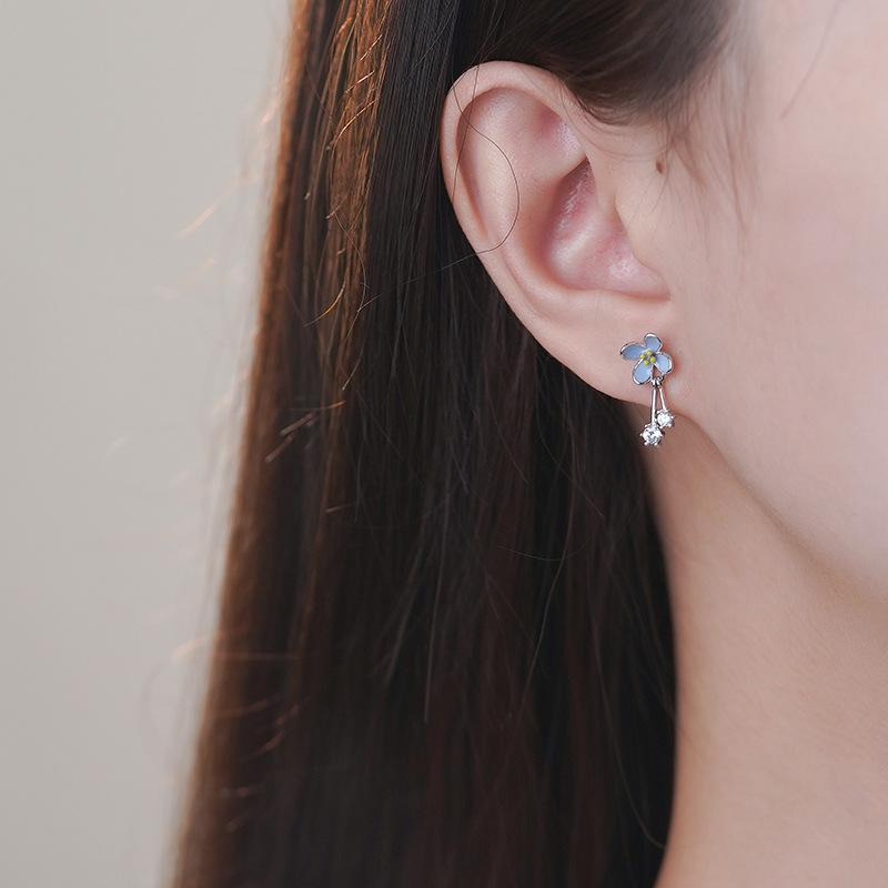 Blue Flower Zircon Earrings Unique Design Sweet and Beautiful Niche Earrings