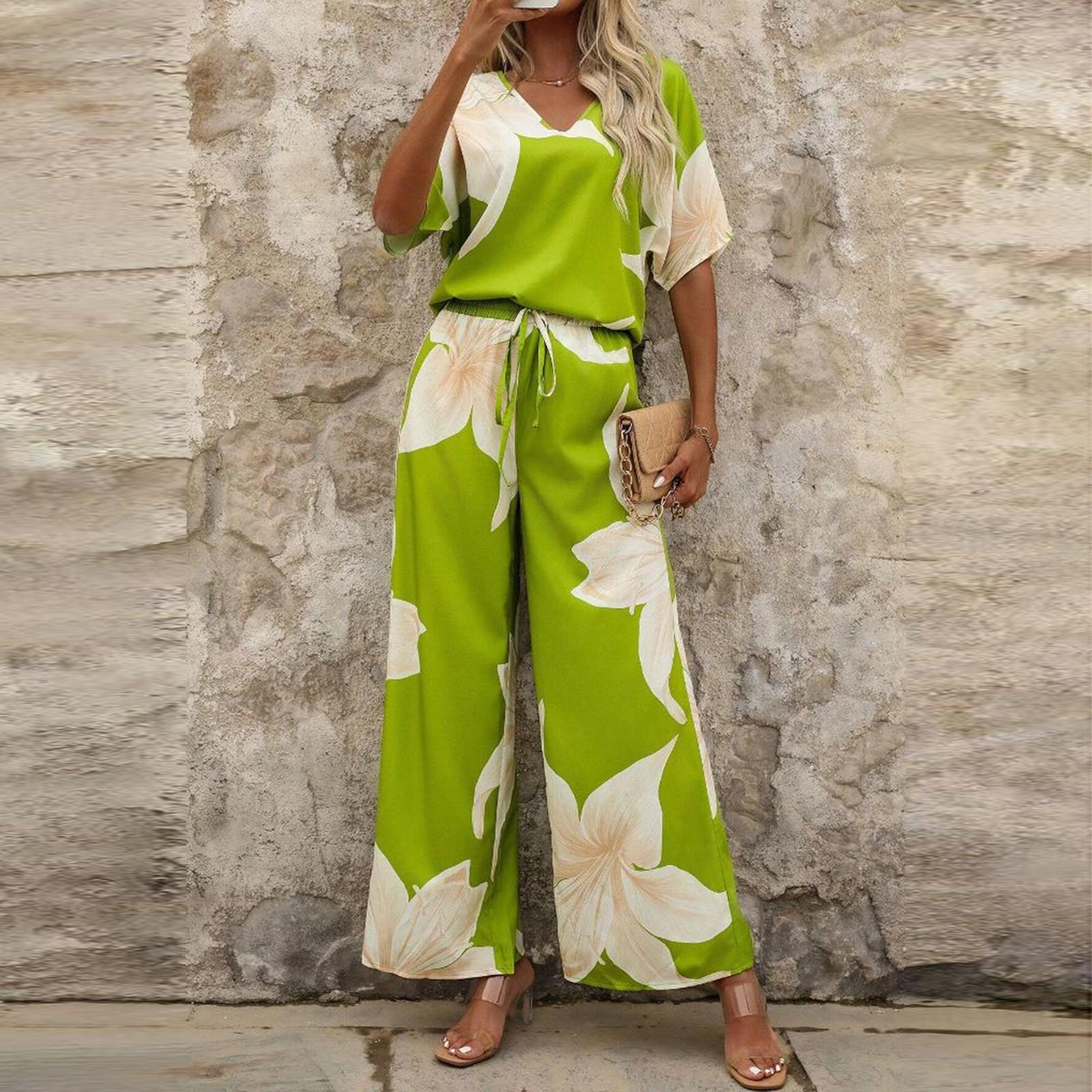 

Женский модный повседневный комплект с цветочным принтом, топ с V-образным вырезом и короткими рукавами, брюки L зелёный