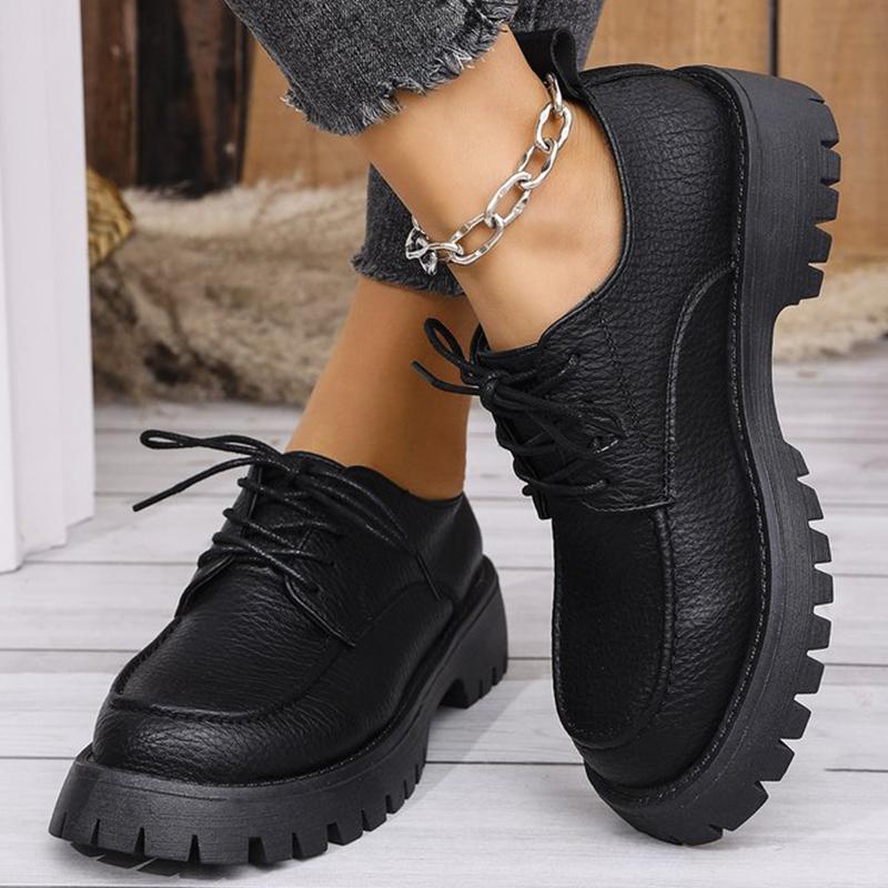 Fashion Black Brown Pu Leather Loafers Shoes for Women Plus Size Platform Casual Shoes Woman Classic Lace Up Wear Resistant Shoes Ladies