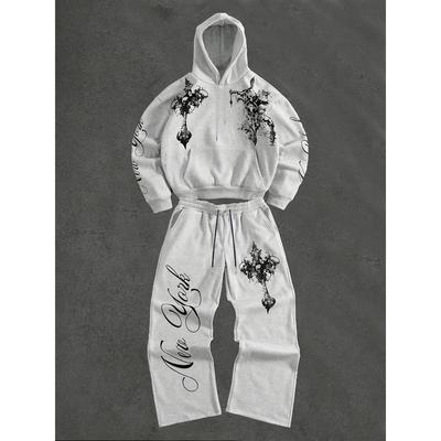 Conjunto de Camiseta Deportiva de Otoño e Invierno para Hombre, Estampado Clásico con Letras, Camiseta Deportiva con Capucha y Cordón y Pantalones Deportivos Casuales con Cordón