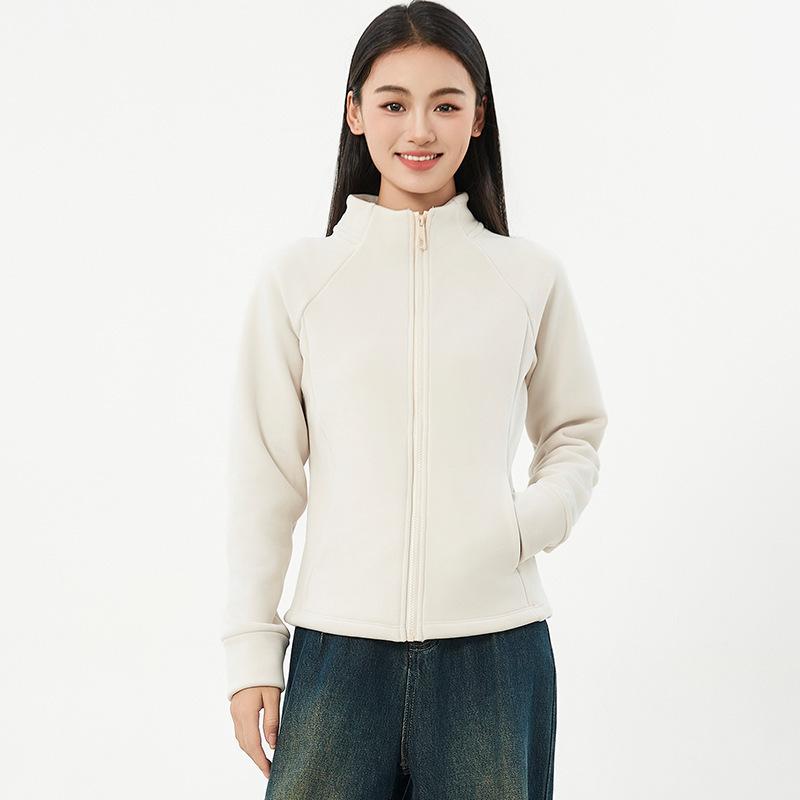 Womens Stand-up Collar Jacket with Thickened O-grain Fleece Fabric High-end Fleece Hooded Sweatshirt for Women