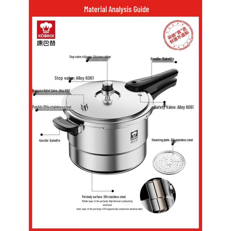 Kombach 22cm 6L 304 Stainless Steel Pressure Cooker