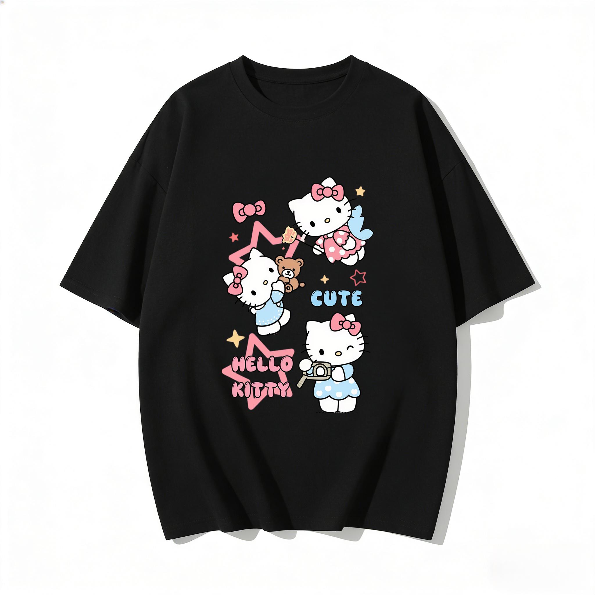 

Summer 2026 Hello Kitty Cartoon Print Short Sleeve Cotton Tshirt Womens Tshirt Casual Comfortable Cotton Streetwear S