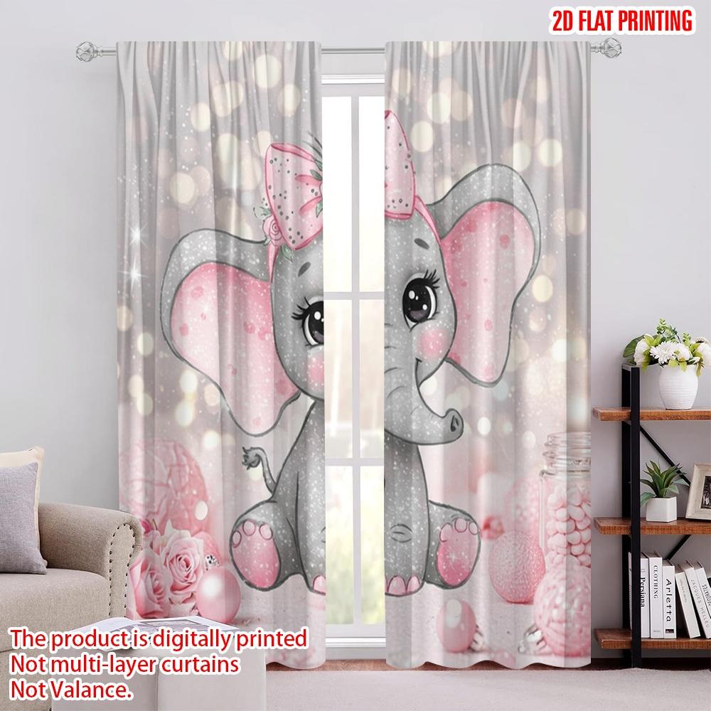 

2D flat printing 2pcs Window Treatment Curtains Cute little elephant Machine Washable Polyester,Without Electricity Wall Decor 52.50 × 116.00 cm 2 pcs