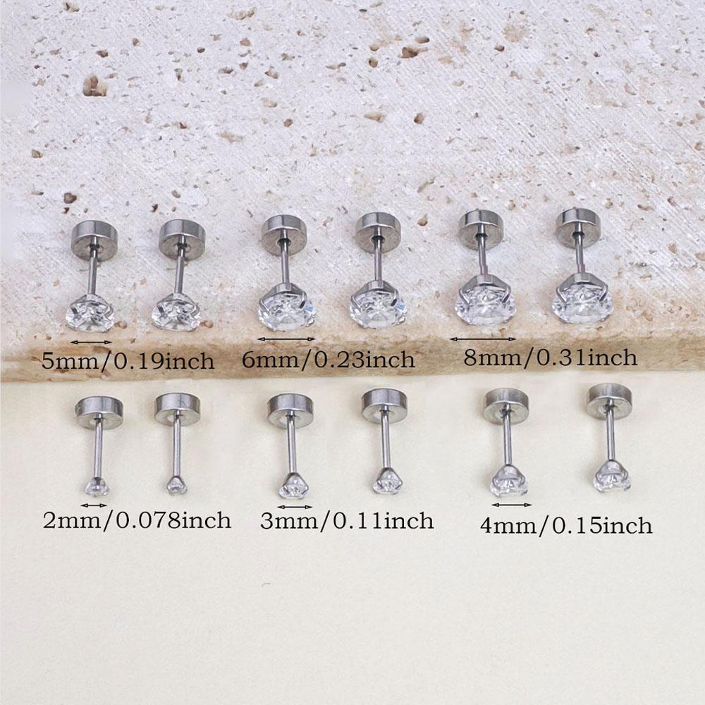 6Pairs Stainless Steel Flat Back Screw Studs Earrings For Women Men 4 Prong Tragus Small Round Clear Cubic Zirconia Ear Jewelry