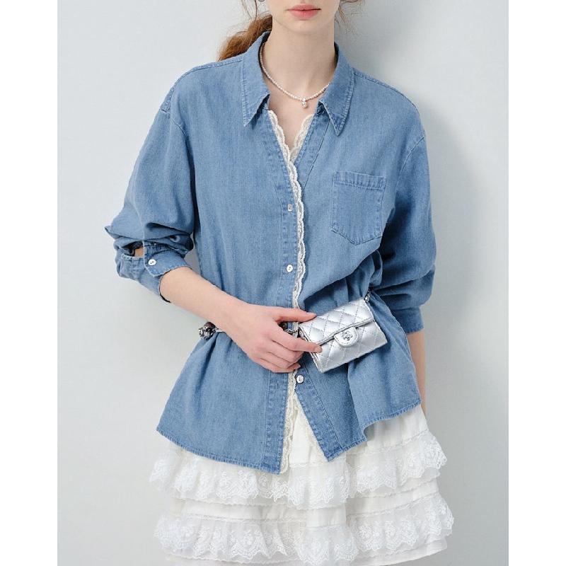 White long-sleeve women's shirt, 2026 spring new style, European style lace trim loose top