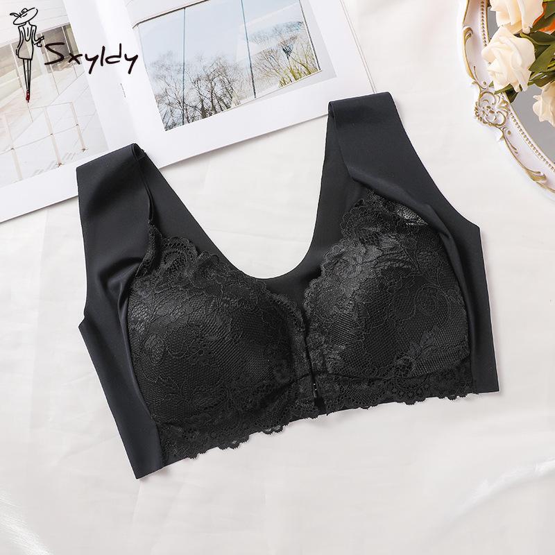 Large Size Front Buckle Seamless Lace Bra for Women Fixed Cup Underwear Gather Up Vest Bra