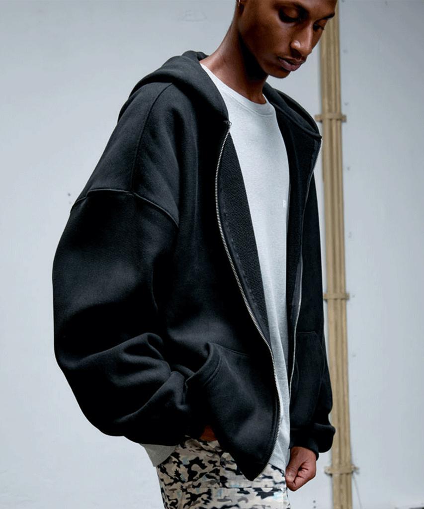 Erer Men Oversized Sweat Hoodie Zip-Up Black