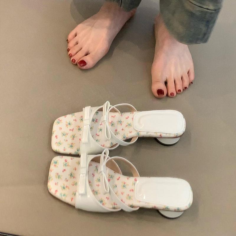 Sommer Damen Sandalen mit eckiger Zehenpartie, niedrigen Absätzen, schlichten Schleifen-Slippern, Party, Hochzeit, Bonbonfarben, Damenschuhe