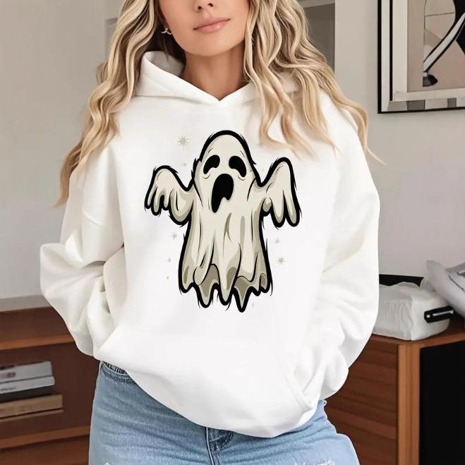 Ladies Spring Autumn Casual Hooded Long Sleeve Big Pocket Halloween Ghost Printed Pullover Hoodies Sweatshirt Top