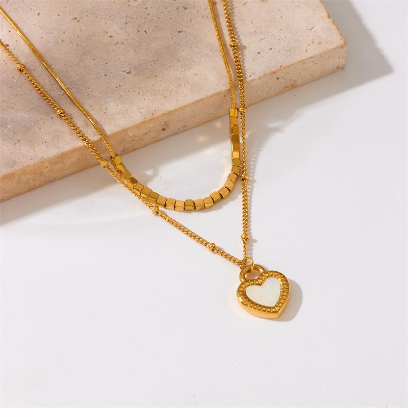 Fashion Minimalist Versatile Heart Gold Titanium Steel Double Layer Layered Chain Black White Love Pendant Necklace