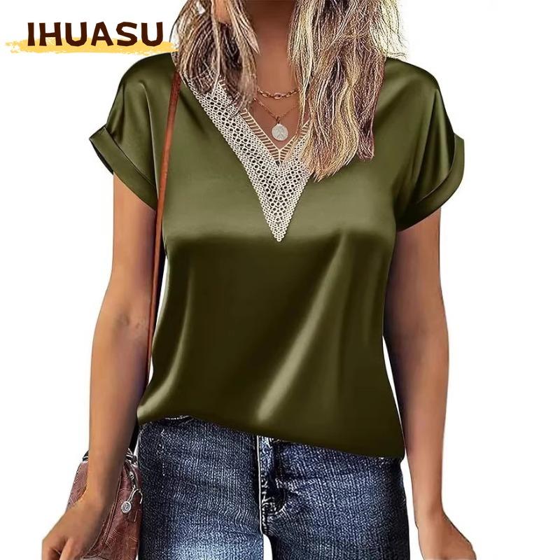 IHUASU Women's Fashion Casual V-Neck Short Sleeve Blouses & Shirts