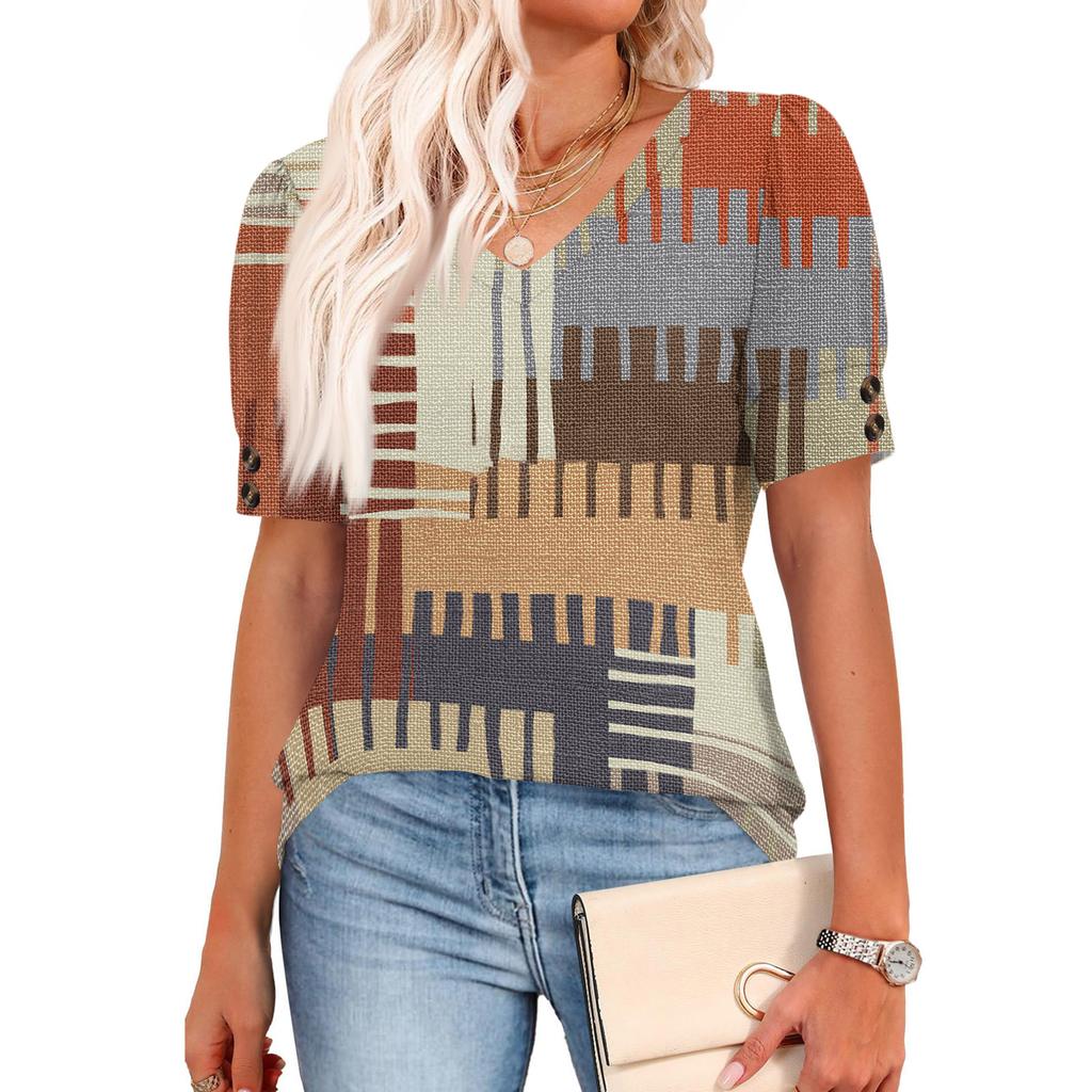 Damen Tops Kurzarmhemden Knöpfe V-Ausschnitt Mode Outfits Blusen Lässig