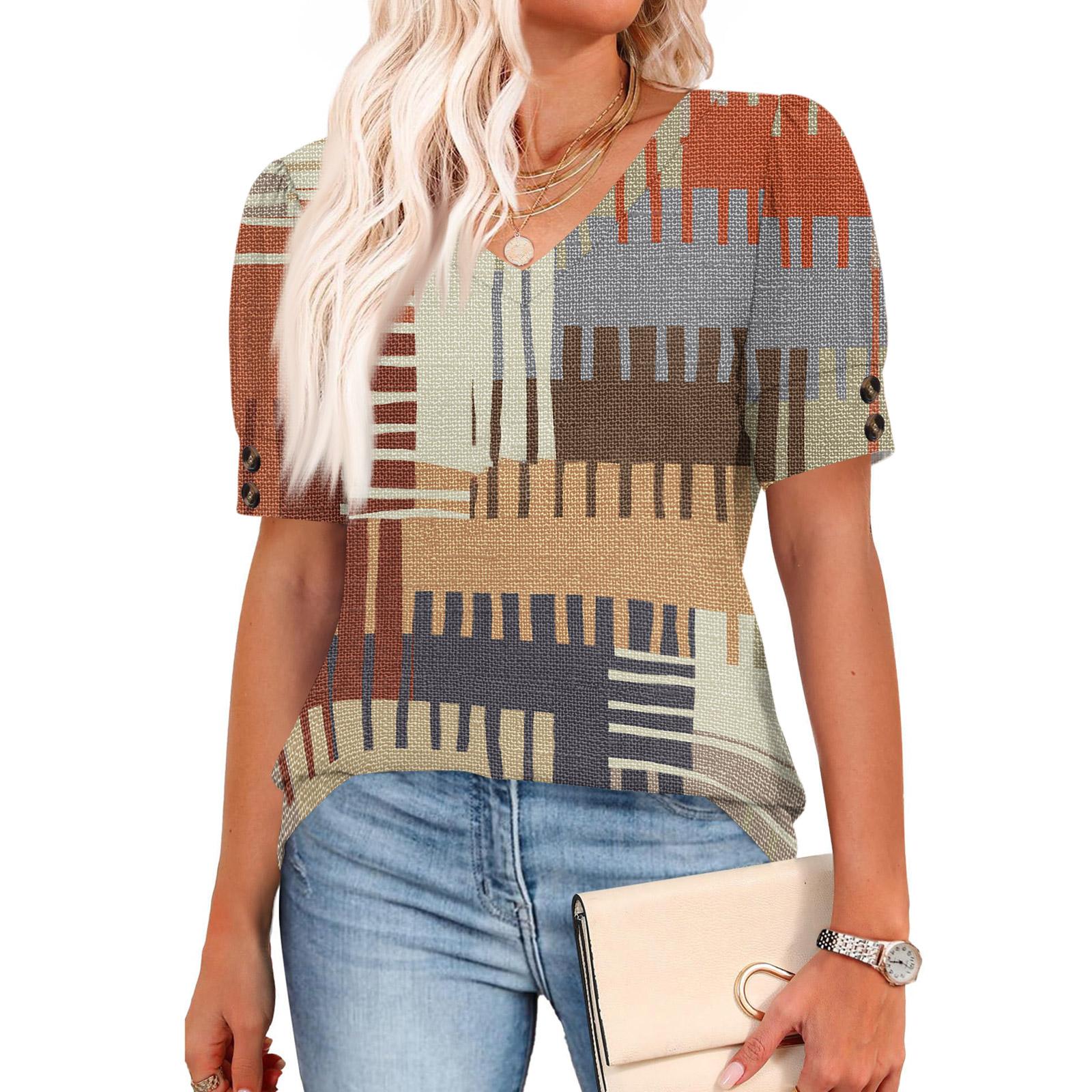 

Жіночі Топи Сорочки з коротким рукавом Кнопки V-подібний виріз Модні Вбрання Блузки Повсякденні S бежевий