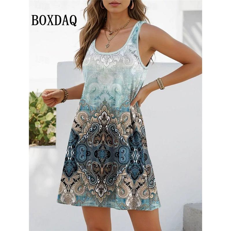 New Sundress Summer Casual Floral Print Dress Loose Vintage Ethnic Style O-Neck Sleeveless Dress For Women 2025 Fashion Clothing